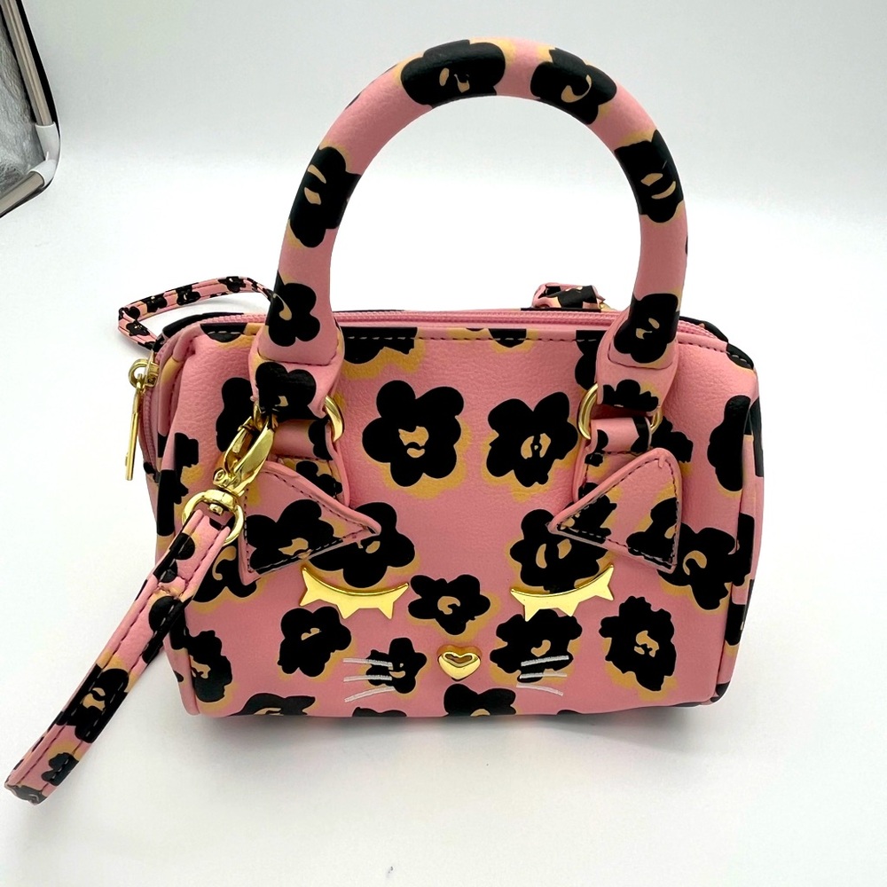 Luv Betsy Pink Floral cheetah Handbag w/ gold cat face Handles, removable strap